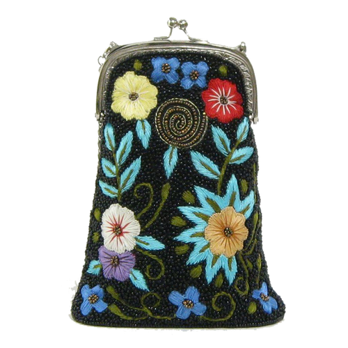 David Jeffery Handbag - Black w/Red Blue Purple Yellow Embroidery & Chain Strap