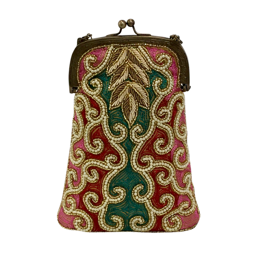 David Jeffery Handbag - Pink Teal Ivory Beads Sequins w/Chain Strap