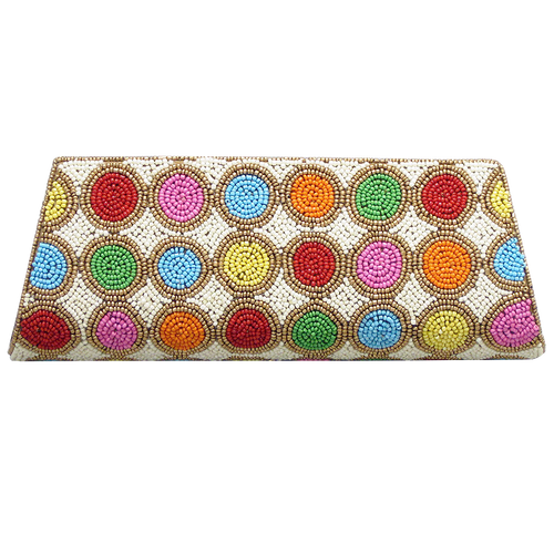 Handbag - Ivory w/Multicolor Beads & Chain Strap