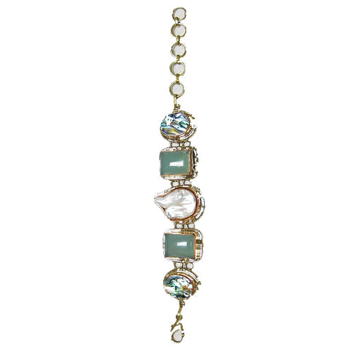 Gold Copper White Metal Bracelet w/ Abalone, Pearl & Aqua Chalcedony Onyx