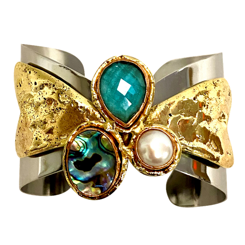 Stainless & Brass Cuff w/ Faceted  Aqua Marine, Abalone & Pearl