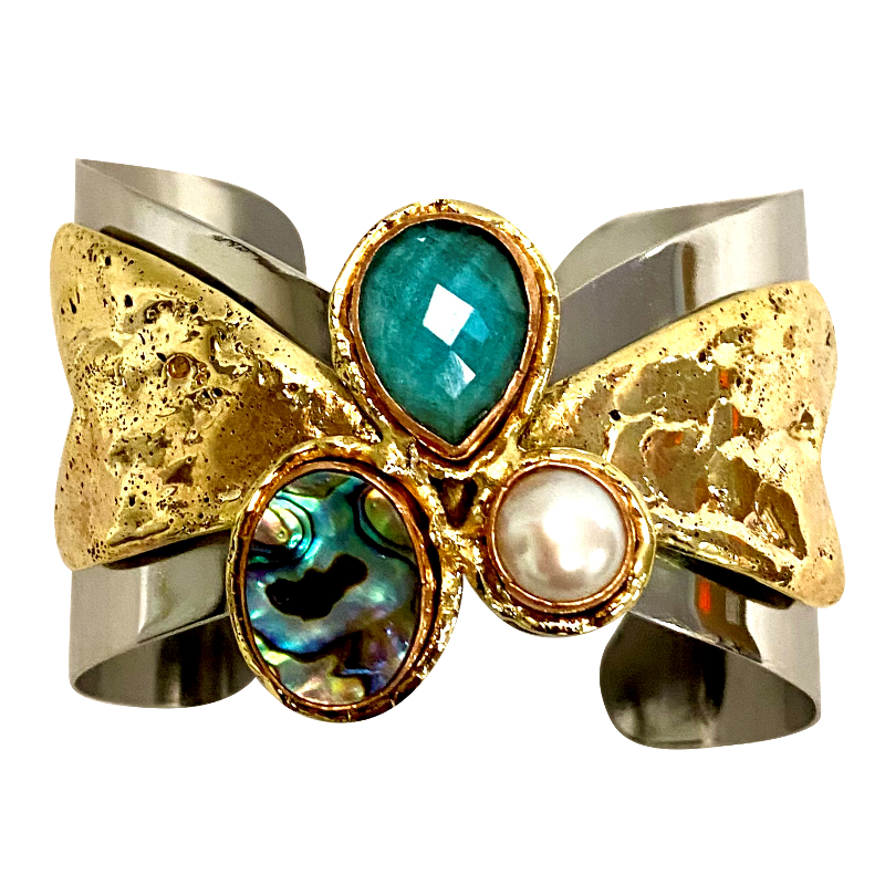 Stainless & Brass Cuff w/ Faceted  Aqua Marine, Abalone & Pearl