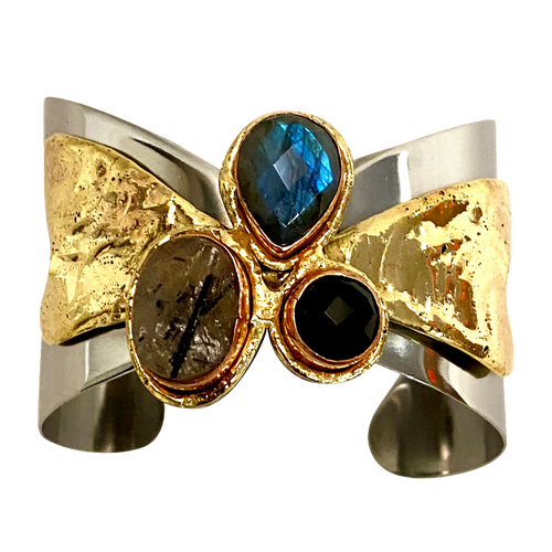 Stainless & Brass Cuff w/ Faceted Labradorite , Black Rutile & Black Onyx