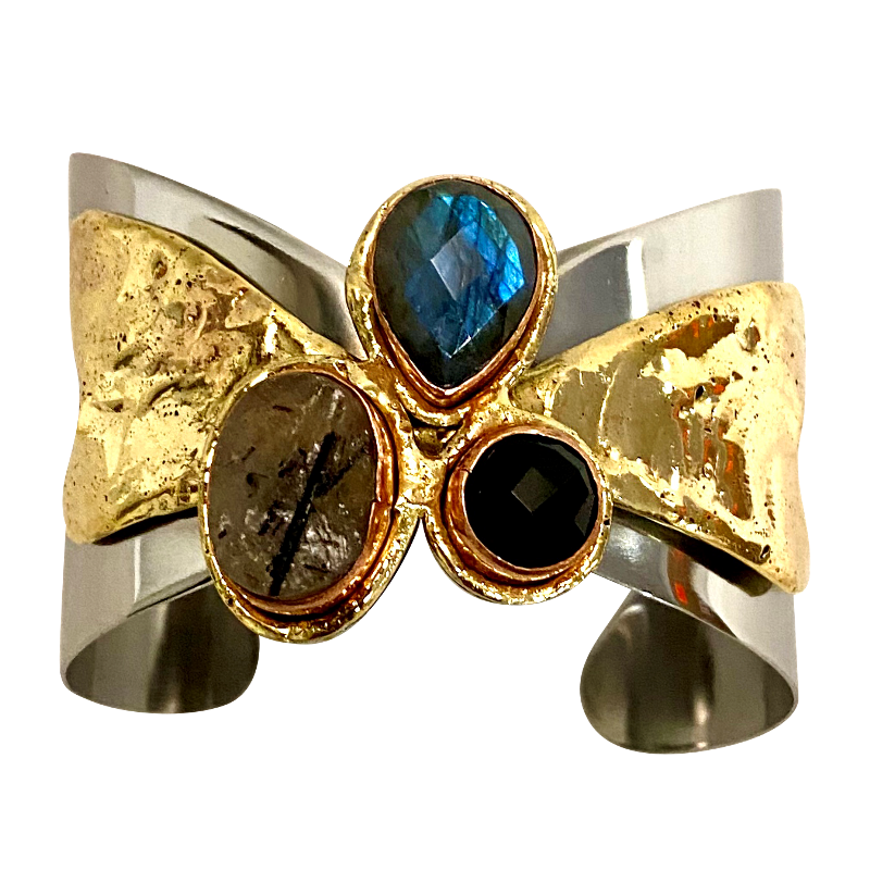 Stainless & Brass Cuff w/ Faceted Labradorite , Black Rutile & Black Onyx