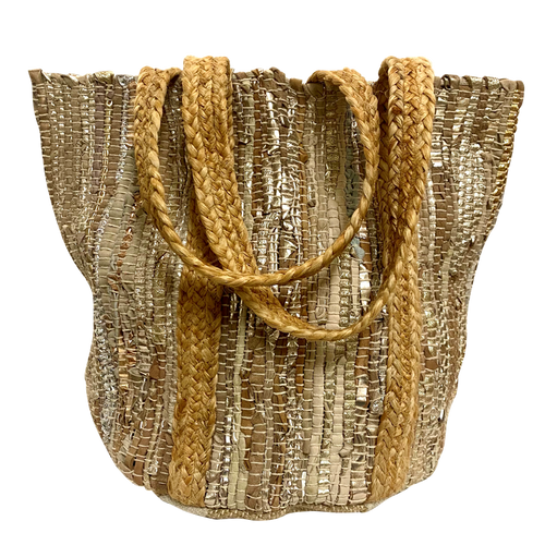 Handbag - Small Recycled Leather Handloom Tote w/Jute Strap