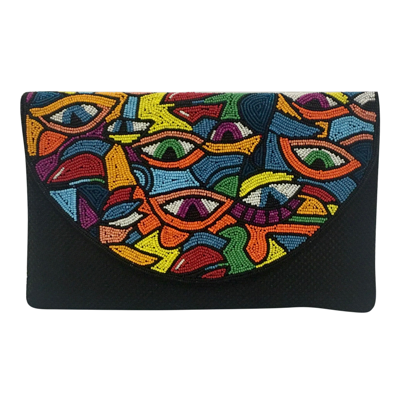 David Jeffery Handbag - Black w/Multicolor Eye Clutch & Chain Strap
