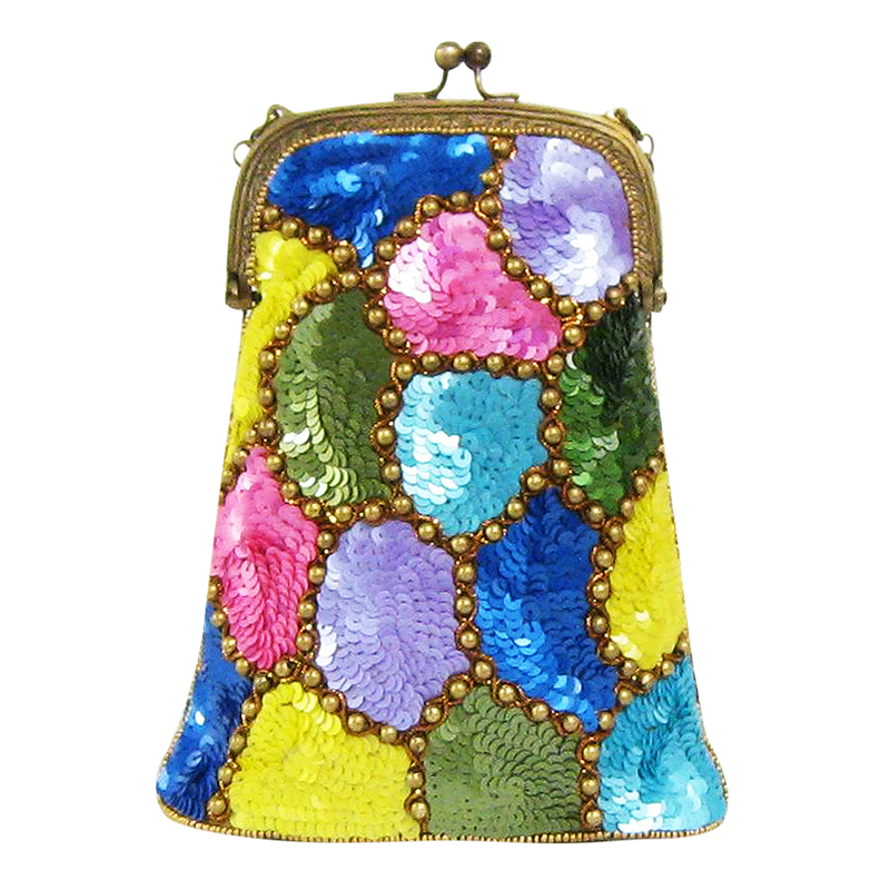 David Jeffery Handbag - Blue Purple Yellow Green Pink Gold Beads & Sequins w/Chain Strap
