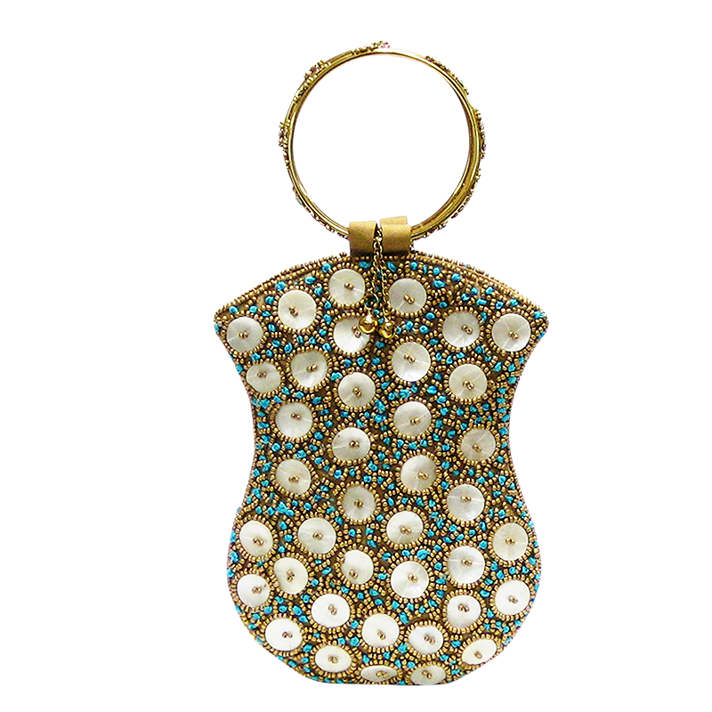 David Jeffery Mobile Bag -  Blue Beads & Ivory Shells w/Ring Handle