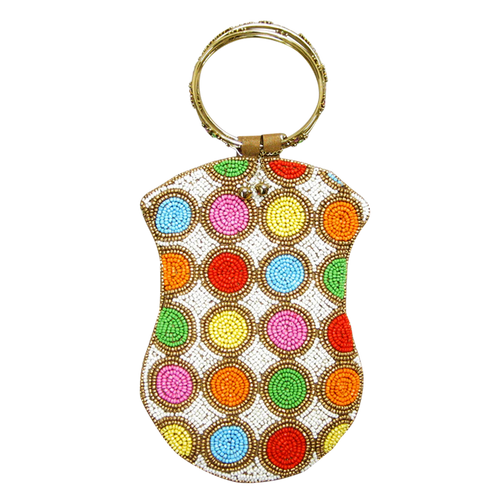David Jeffery Mobile Bag - Ivory w/Multicolor Beads w/Ring Handle