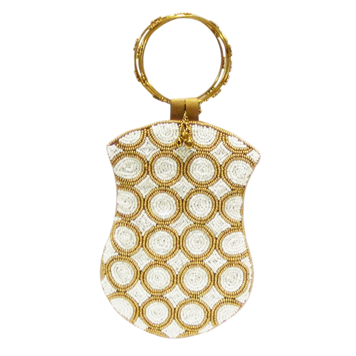 David Jeffery Mobile Bag - Ivory & Gold Beads w/Ring Handle