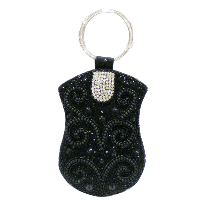 David Jeffery Mobile Bag -Black Beads & Clear Stones w/Ring Handle