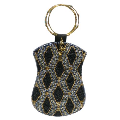David Jeffery Mobile Bag -Black Gold Navy Beads w/Ring Handle