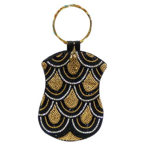 David Jeffery Mobile Bag -Black Gold Beads & Clear Stones w/Ring Handle