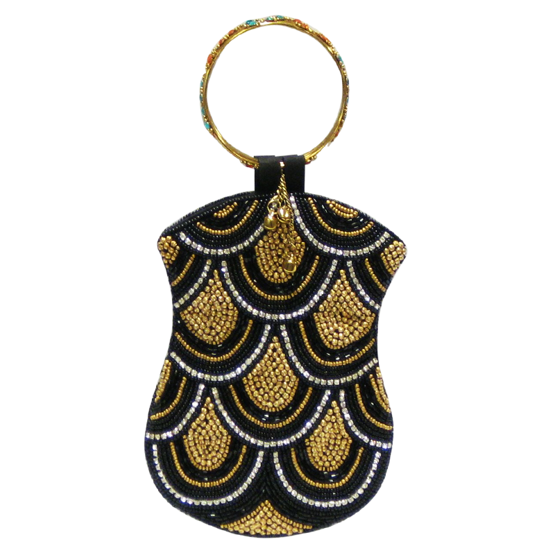 David Jeffery Mobile Bag -Black Gold Beads & Clear Stones w/Ring Handle