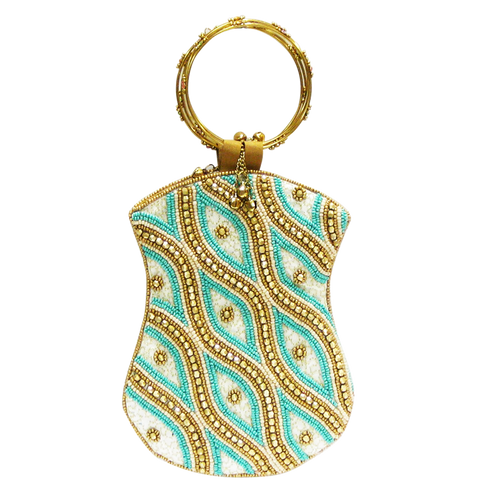 David Jeffery Mobile Bag - Blue Ivory Gold Beads w/Ring Handle