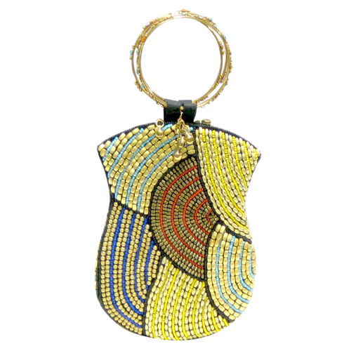 David Jeffery Mobile Bag -Blue Gold Yellow Purple Red Beads w/Ring Handle