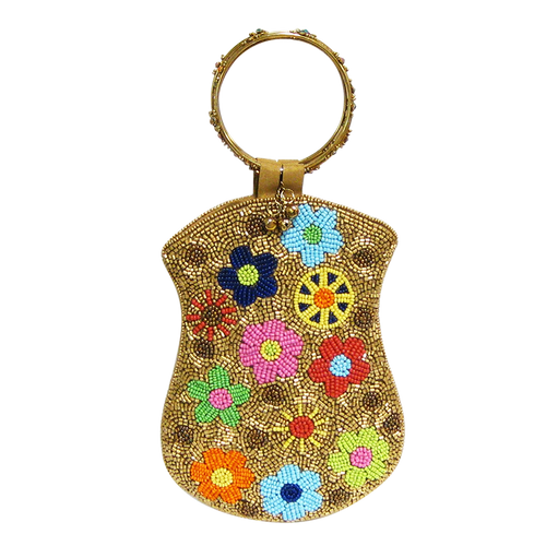 David Jeffery Mobile Bag - Gold Brown Beads & Colorful Flowers w/Ring Handle