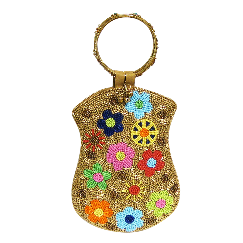David Jeffery Mobile Bag - Gold Brown Beads & Colorful Flowers w/Ring Handle