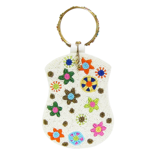 David Jeffery Mobile Bag - White Beads & Colorful Flowers w/Ring Handle