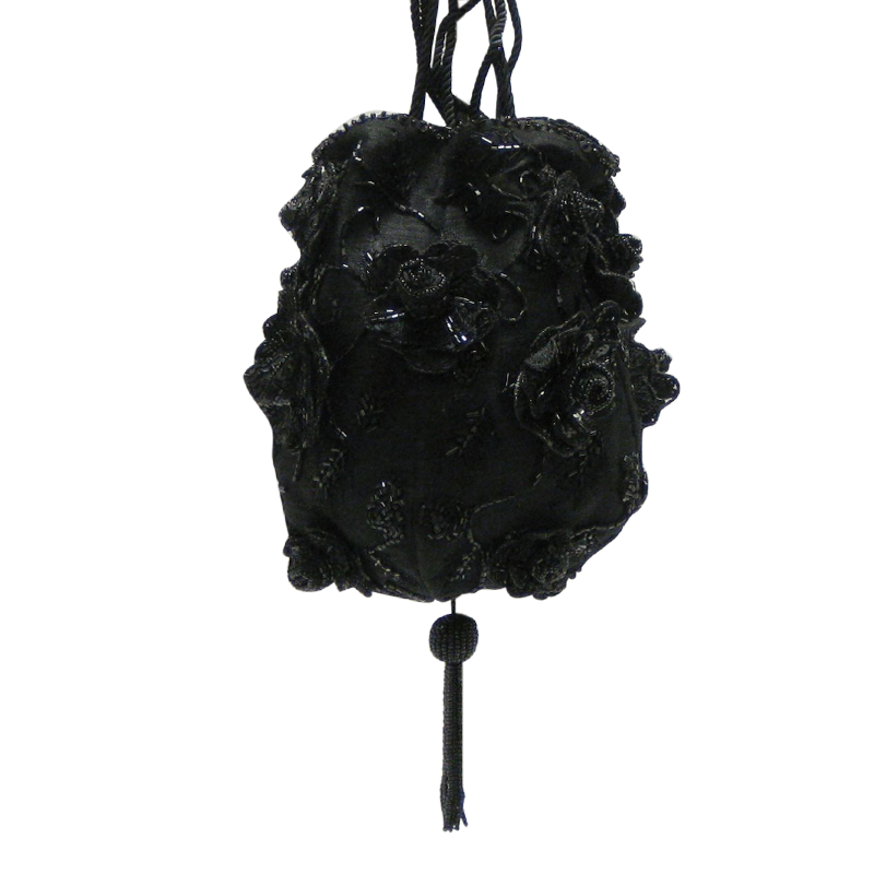 David Jeffery Handbag - Black Sequined Roses w/Black Embroidery & Black Rope Strap
