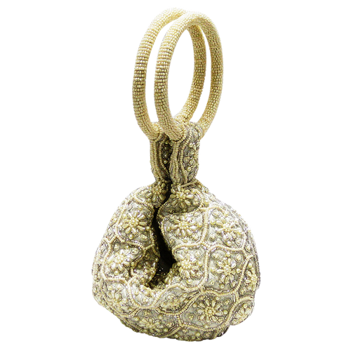 Handbag - White Beaded w/White Ring Handle