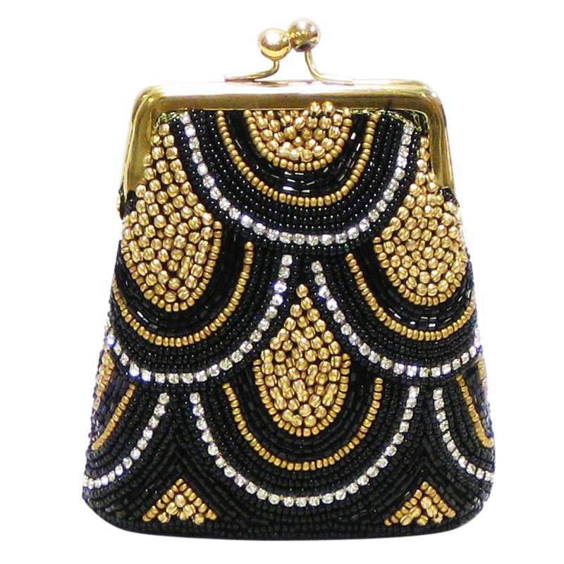 David Jeffery Coin Bag -Black Gold Beads & Clear Stones