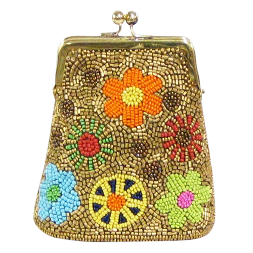 David Jeffery Coin Bag - Gold Beads w/Multicolor Flowers