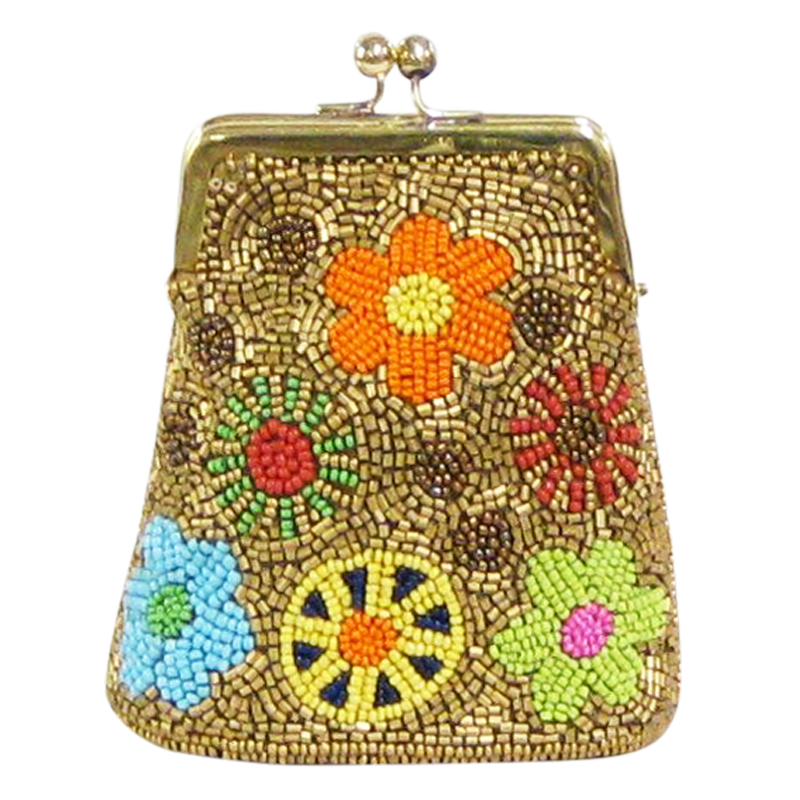 David Jeffery Coin Bag - Gold Beads w/Multicolor Flowers